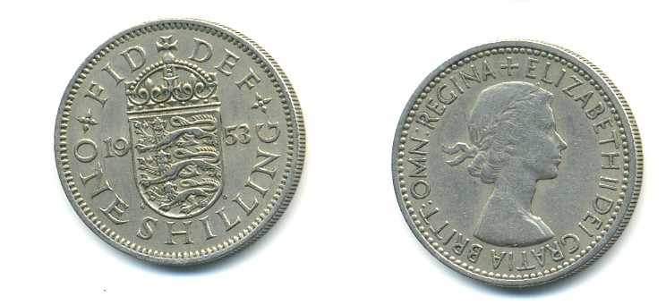 Великобритания 1 шиллинг 1953 Елизавета II (1952-2022), Английский герб KM 890, Spink 4139 медно-никель 23-931