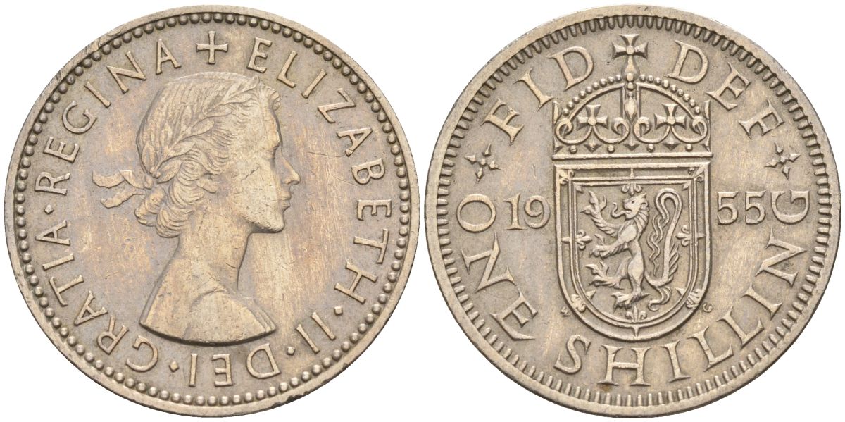 Великобритания 1 шиллинг 1955 Елизавета II (1952-2022), Шотландский герб KM 905, Spink 4148 медно-никель 4153-927