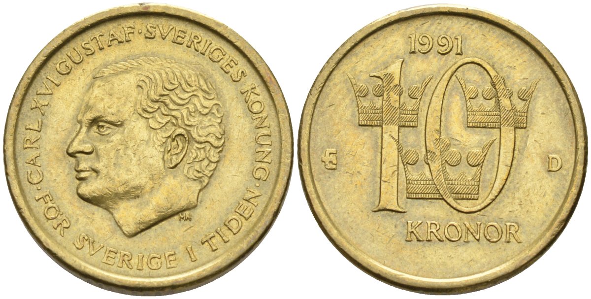 Швеция 10 крон 1991 D, Карл XVI Густав (1973- ) KM 877 медь алюминий цинк 4592-147