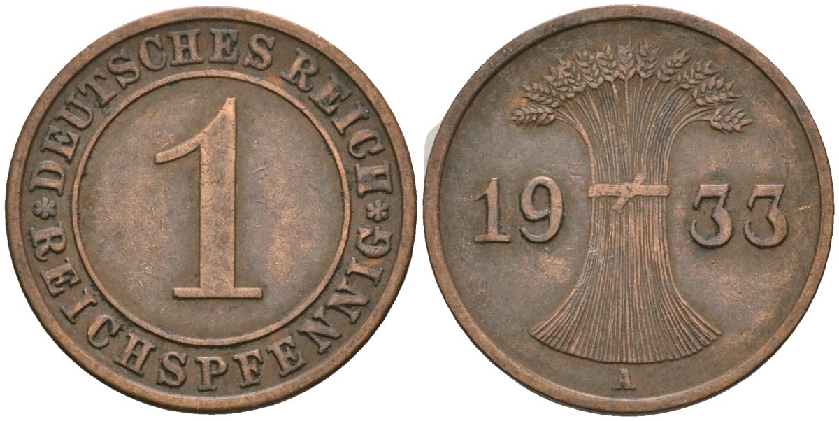 Германия 1 рейхспфенниг 1933 A KM 37, J. 313 бронза 4189-1223