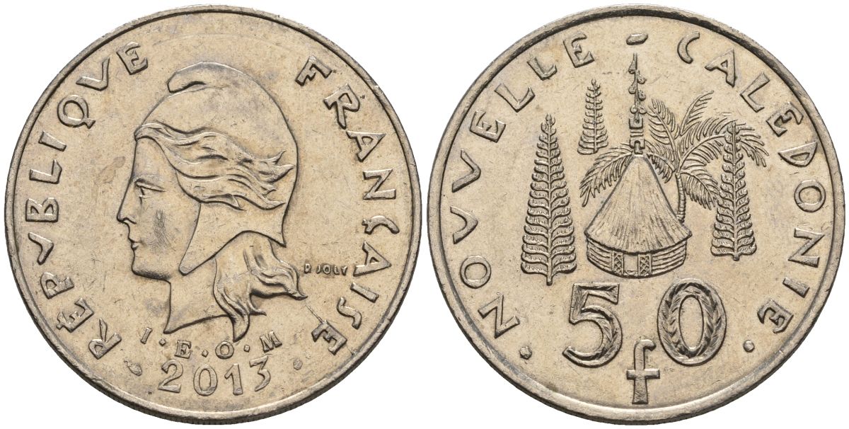 Французская Новая Каледония 50 франков 2013 хижина среди сосен и пальм, (IEOM) KM 13a, Schoen 15a, Lec 128i медно-никель 4111-1042