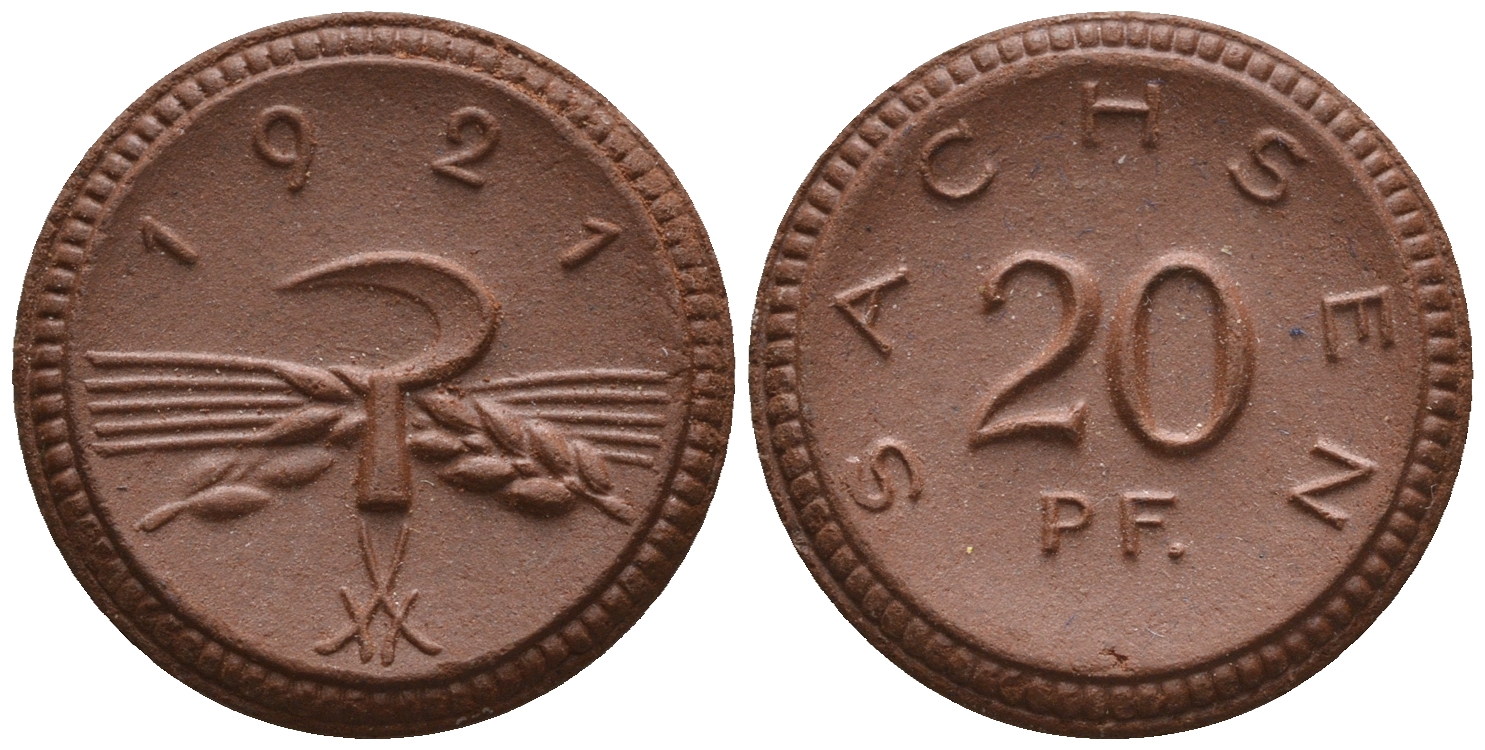 Саксония 20 пфеннигов 1921 колосья и серп J. N 53 фарфор UNC 1094-9-43