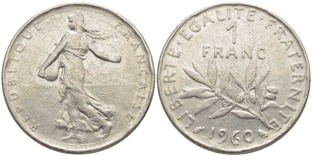 ФРАНЦИЯ 1 ФРАНК 1960 СЕЯТЕЛЬ KM 925.1, LE FRANC 226.4 никель 175-512