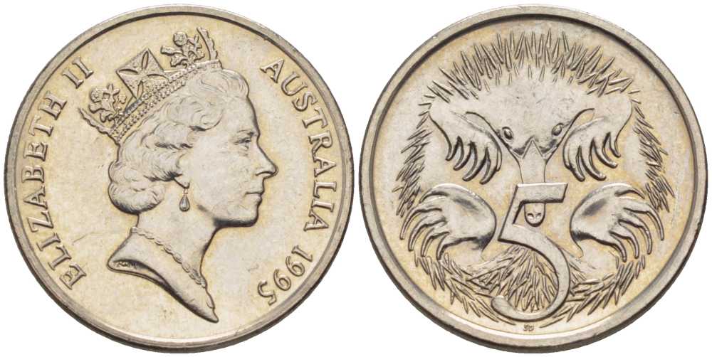 АВСТРАЛИЯ 5 ЦЕНТОВ 1995 ЕЛИЗАВЕТА II, ВТОРОЙ ПОРТРЕТ В КОРОНЕ, ЕХИДНА KM 80 медно-никель 105-325