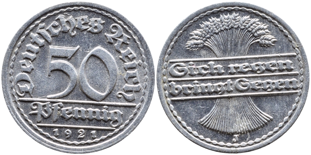 ГЕРМАНИЯ 50 ПФЕННИГОВ 1921 J KM 27, J. 301 алюминий 4390-852