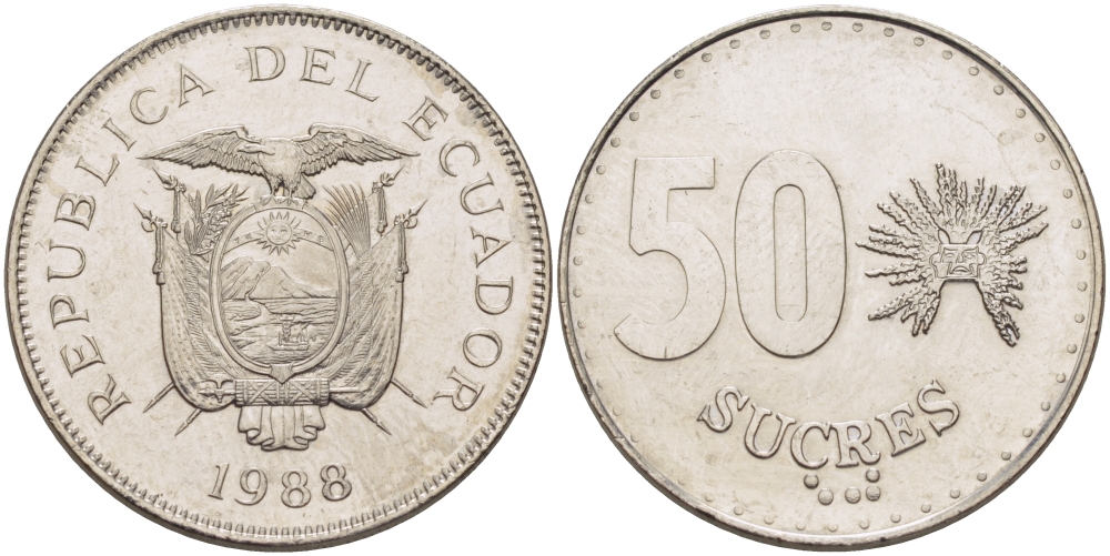 ЭКВАДОР 50 СУКРЕ 1988 KM 93 сталь плакированная никелем UNC 82-914