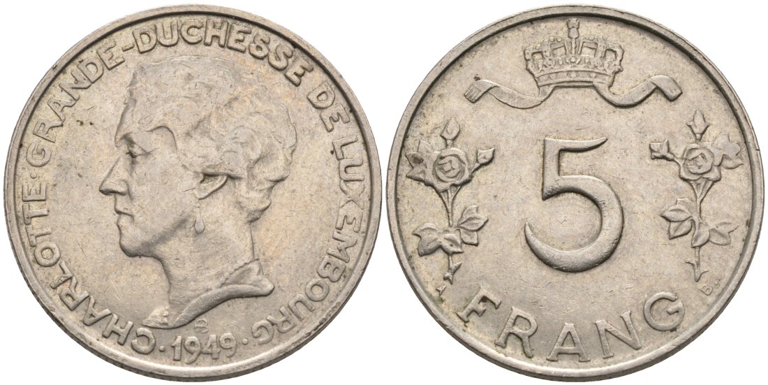 Люксембург 5 франков 1949 Великая герцогиня Шарлотта (1919-1964) KM 50 медно-никель 189-1223