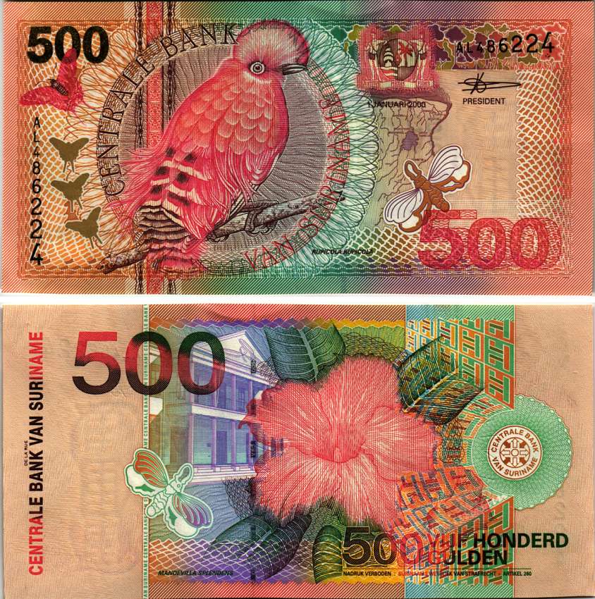 СУРИНАМ 500 ГУЛЬДЕНОВ 2000 1 ЯНВАРЯ 2000, ПТИЧКА GUIANAN COCK-OF-THE-ROCK Pick 150 бумага UNC (ПРЕСС) 7220-77-1