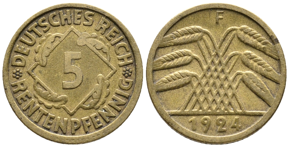 ГЕРМАНИЯ 5 РЕНТЕНПФЕННИГОВ 1924 F KM 32, J. 308 алюминиевая бронза 39-459