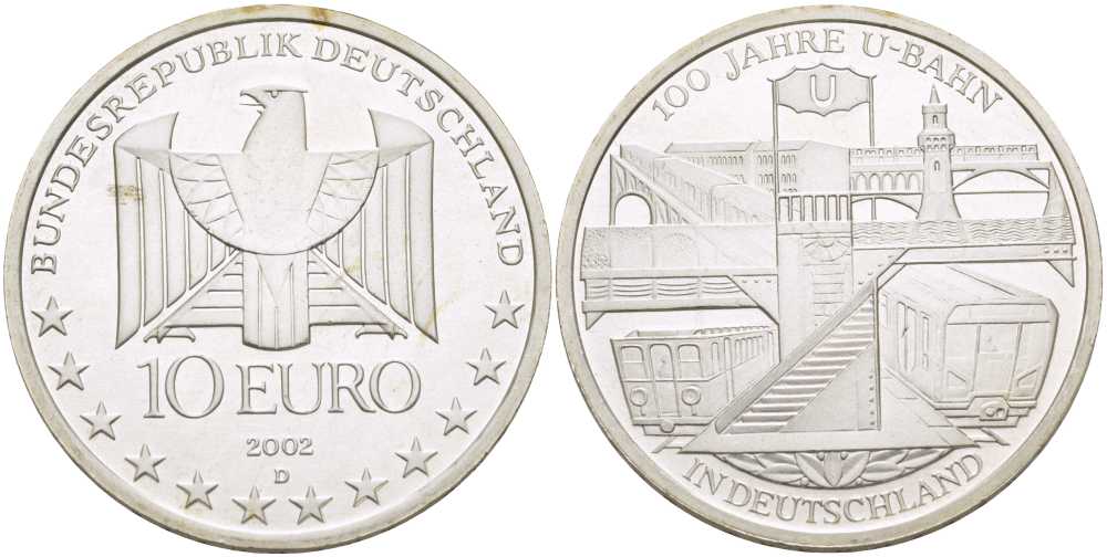 ФРГ 10 евро 2002 D, 100 лет немецкому метро KM 216, DE.S. 10.2 серебро UNC 413-4523