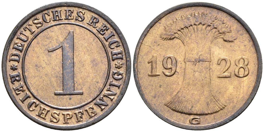 ГЕРМАНИЯ 1 РЕЙХСПФЕННИГ 1928 G KM 37, J. 313, Weege 2 бронза 4547-132