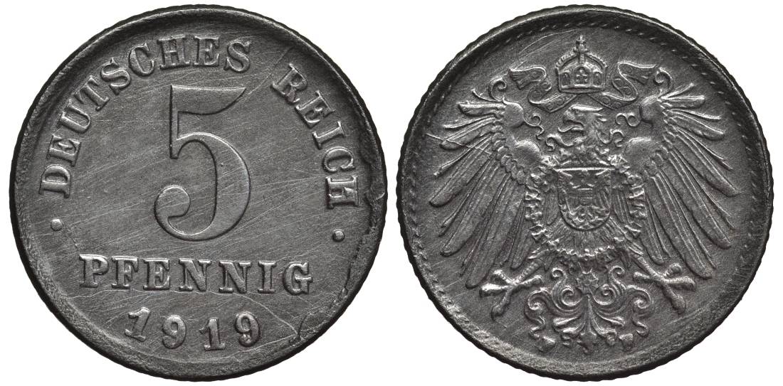 ГЕРМАНИЯ 5 ПФЕННИГОВ 1919 F KM 19, Jager 297, Weege 5 железо 4547-617