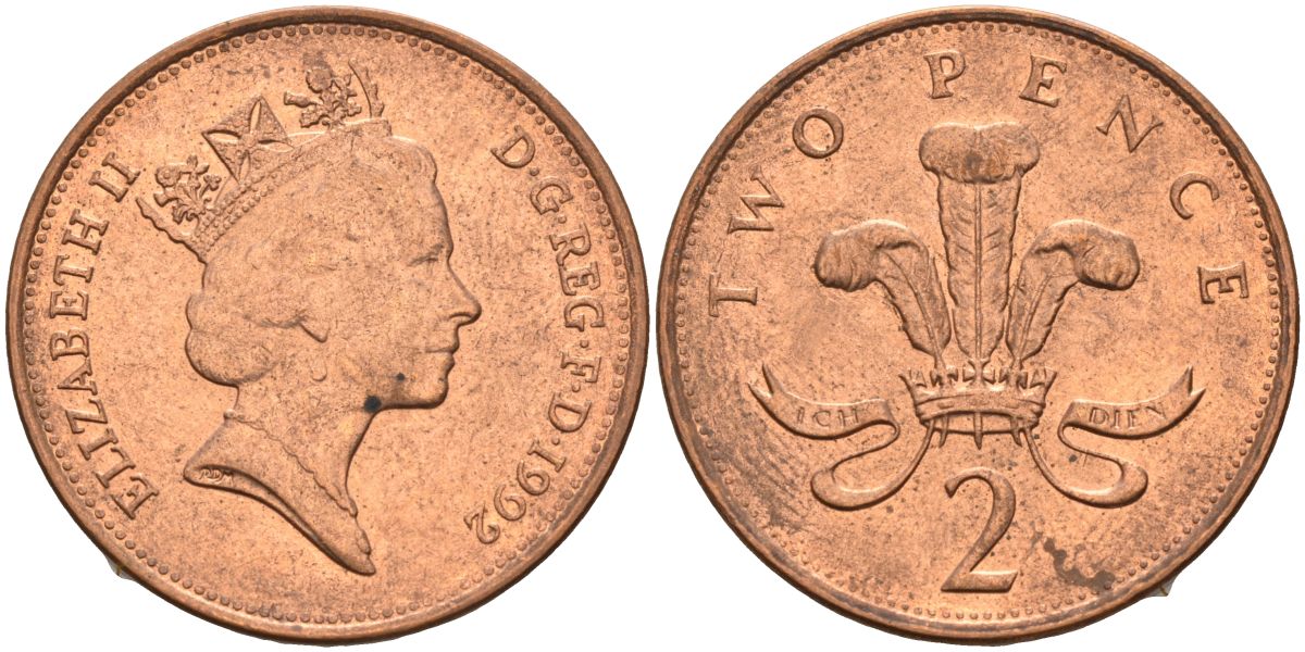 Великобритания 2 пенса 1992 Елизавета II (1952-2022) KM 936, Spink 4376 бронза 4116-746