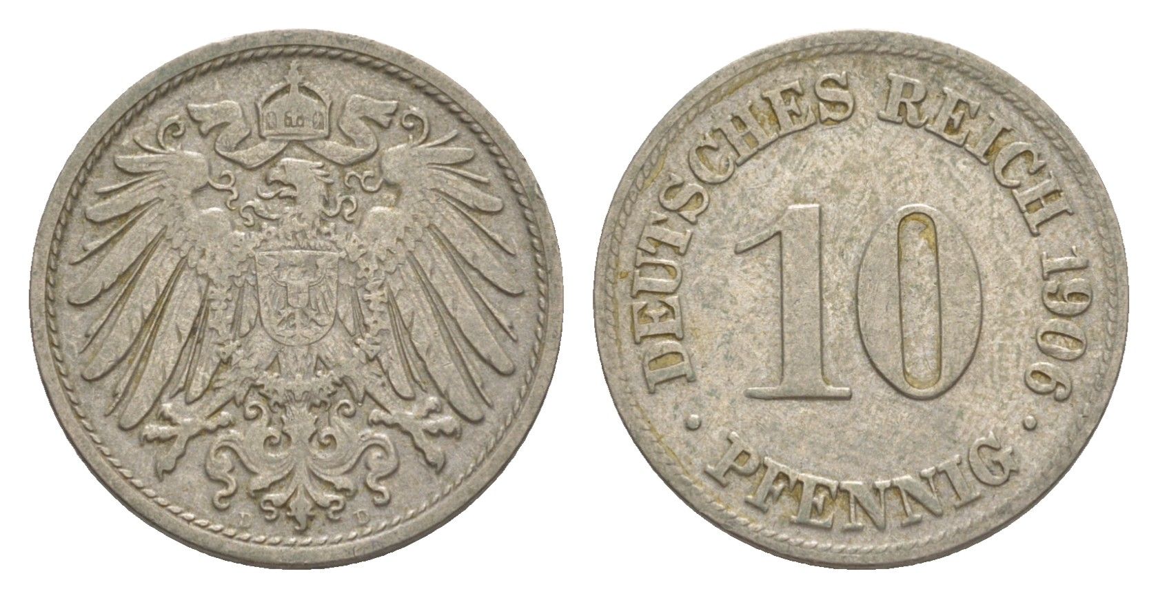 Германия 10 пфеннигов 1906 D, Вильгельм II (1888-1918) KM 12, J. 13 медно-никель 4640-264