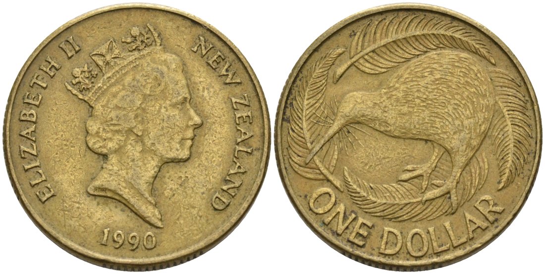 Новая Зеландия 1 доллар 1990 Елизавета II (1952-2022), птица киви KM 78 алюминиевая бронза 29-452