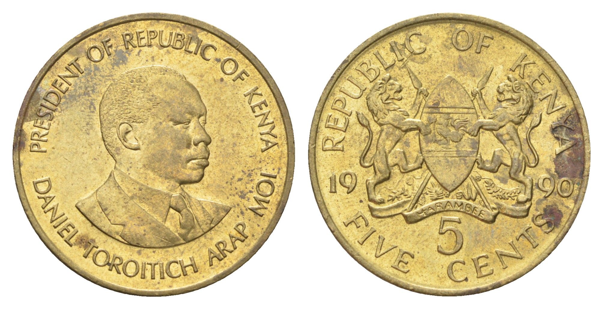 Кения 5 центов 1990 Дэниэл арап Мои KM 17 никель латунь 4704-114