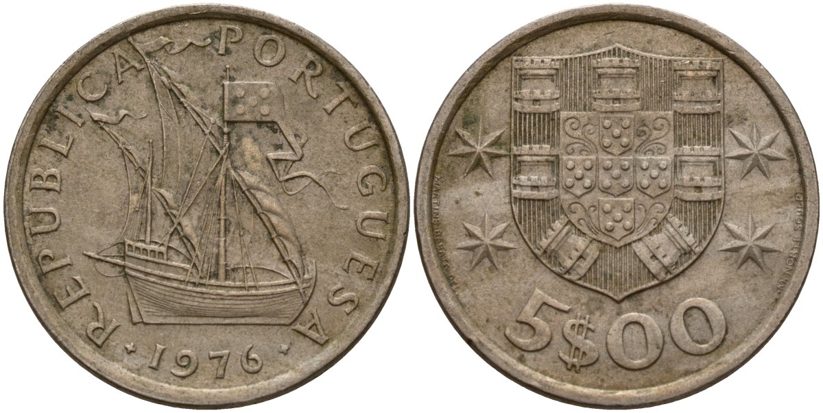 Португалия 5 эскудо 1976 KM 591 медно-никель 4156-543