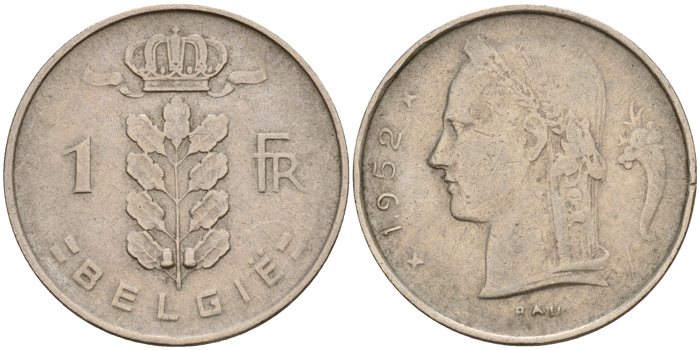 Бельгия 1 франк 1952 Belgie, Бодуэн I (1951-1993) KM 143.1 медно-никель    4187-122