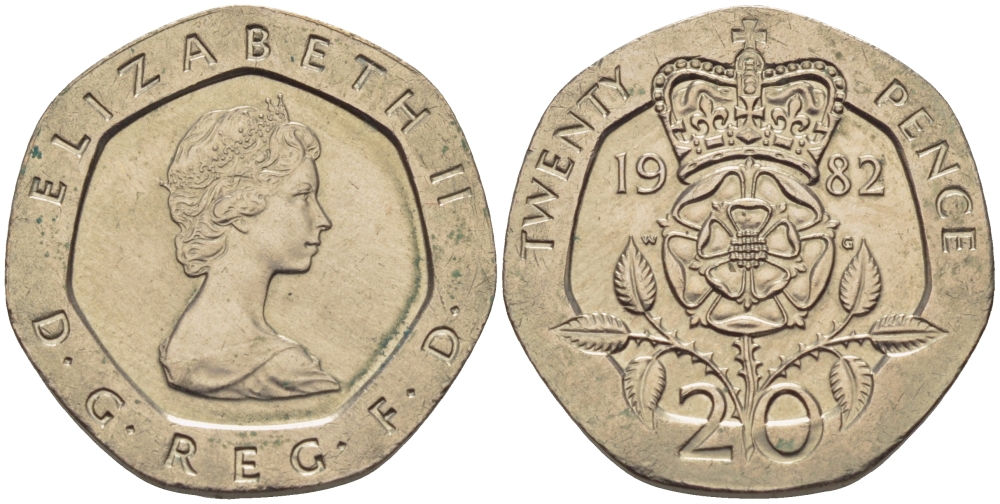 Великобритания 20 пенсов 1982 Елизавета II (1952-2022) KM 931, Spink 4230 (G1) медно-никель 67-832