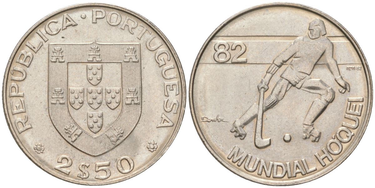 Португалия 2,5 эскудо 1982 Чемпионат мира по хоккею на роликах KM 613 медно-никель aUNC 4613-1061