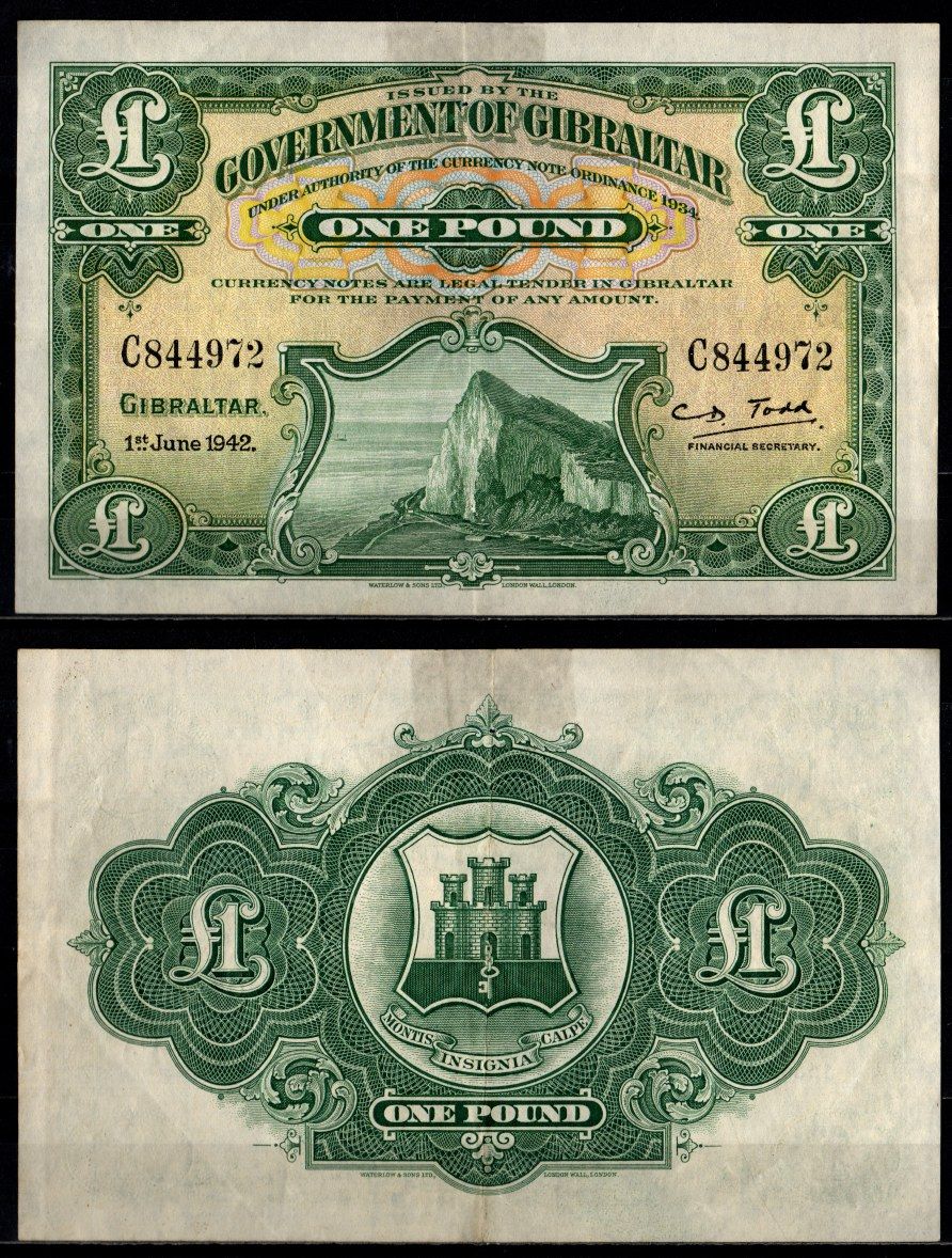Гибралтар 1 фунт 1942 Гибралтарская скала Pick 15 b бумага 451-1252-2
