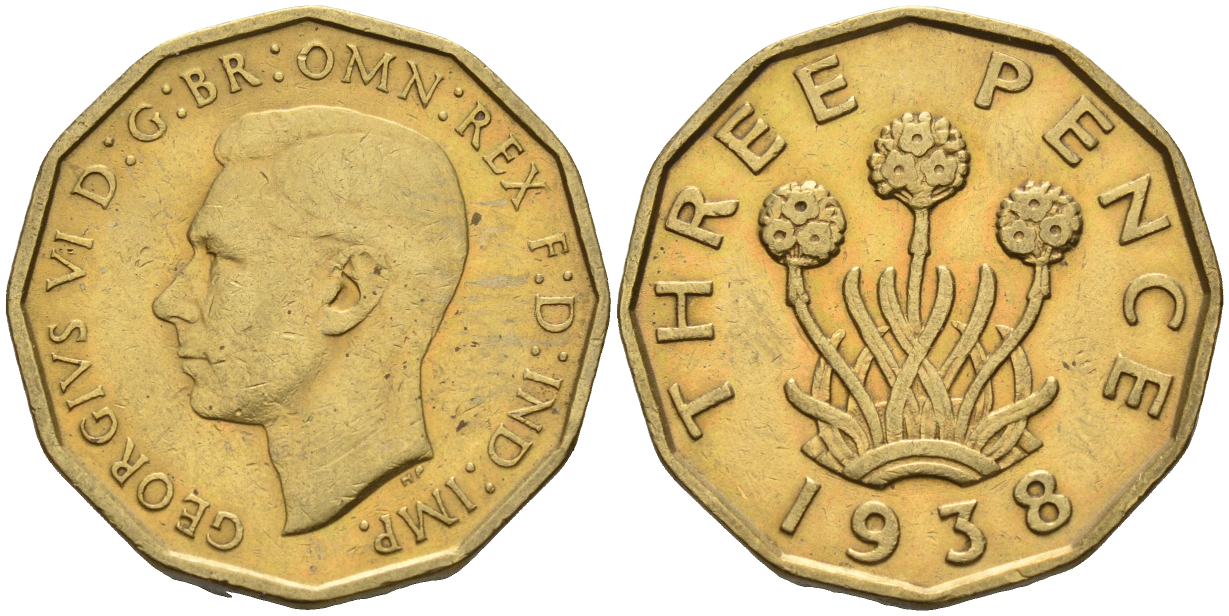 Великобритания 3 пенса 1938 Георг VI (1936-1952) KM 849, Spink 4112 никель латунь 4592-352