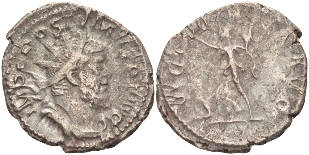 Римская Империя (императоры в Галлии) антониниан 260 - 269 Постум. IMP C POSTVMVS P F AVG / VICTORIA AVG, Виктория с венком и пальмовой ветвью, у ног пленник, Колония Агриппины, Very fine RIC 89 биллон 1073-13-93