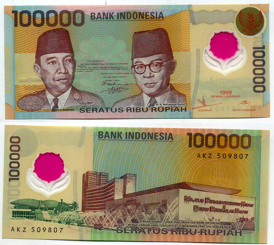 Индонезия 100000 рупий 1999 Сукарно и Мохаммад Хатта Pick 140 f пластик UNC (пресс) 000-00-00