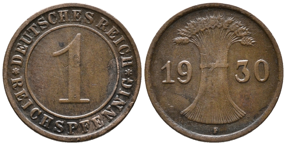 ГЕРМАНИЯ 1 РЕЙХСПФЕННИГ 1930 F KM 37, J. 313 бронза 39-1038