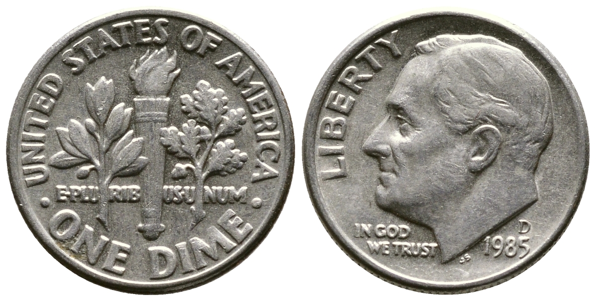 США 10 ЦЕНТОВ = 1 ДАЙМ 1985 D, РУЗВЕЛЬТ KM 195а медь плакированная медно-никелем 57-1231