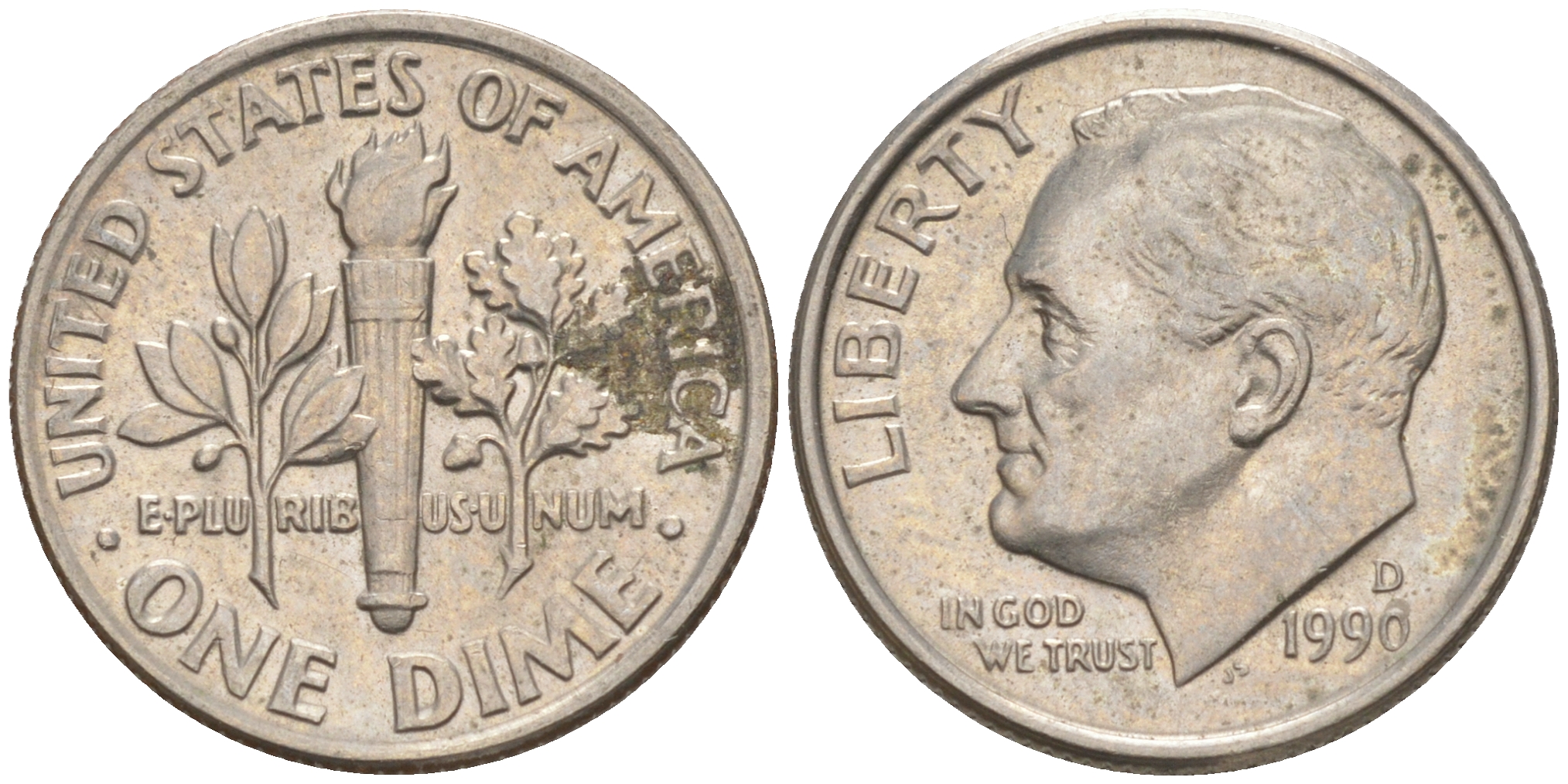 США 10 ЦЕНТОВ = 1 ДАЙМ 1990 D, РУЗВЕЛЬТ KM 195a медь плакированная медно-никелем 187-1064