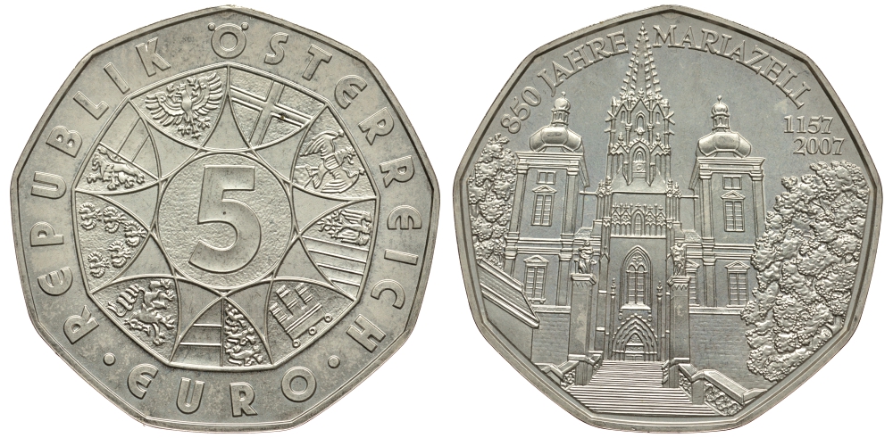 Австрия 5 евро 2007 850 лет городу Мариацелль, церковь KM 3145 серебро UNC 413-2222