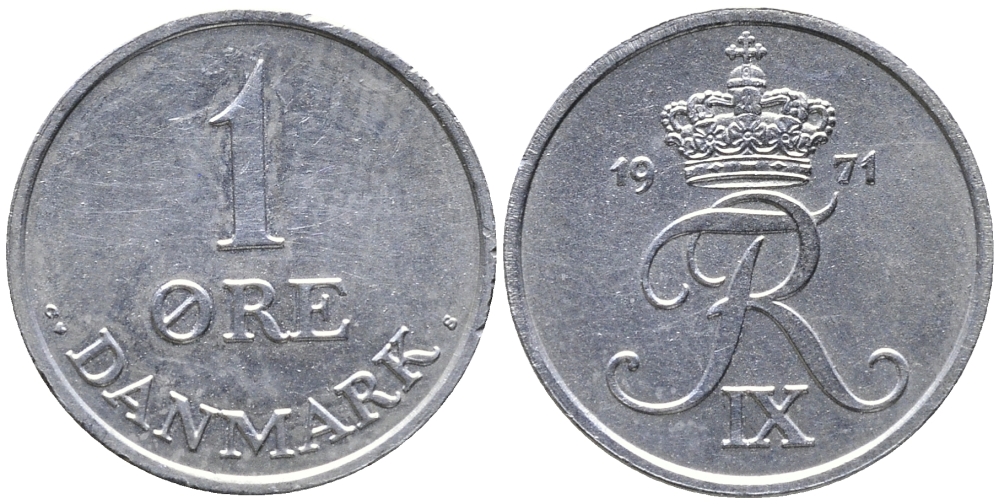 Дания 1 эре 1971 С; S, Фредерик IX (1947-1972) KM 839.2 цинк UNC 100-711