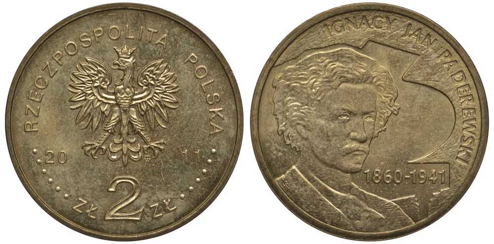 Польша 2 злотых 2011 MW, 70 лет со дня смерти Игнация Яна Падеревского (1860-1941) KM 789 нордик 111-443