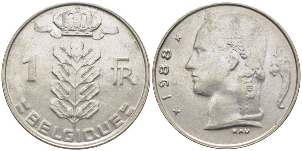 БЕЛЬГИЯ 1 ФРАНК 1988 BELGIQUE, БОДУЭН I (1951-1993) KM 142.1 медно-никель 119-533
