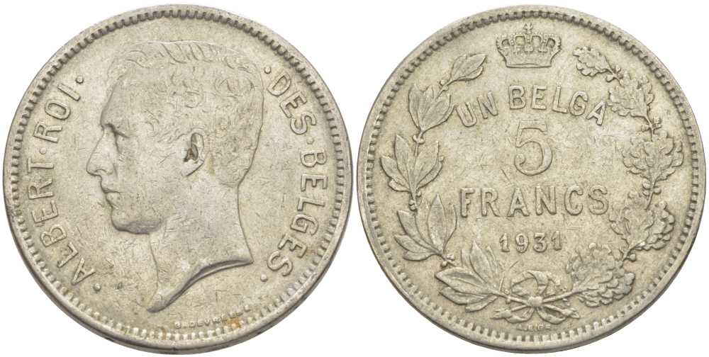 БЕЛЬГИЯ 5 ФРАНКОВ 1931 АЛЬБЕРТ I, DES BELGES KM 97.1 никель 3851-141