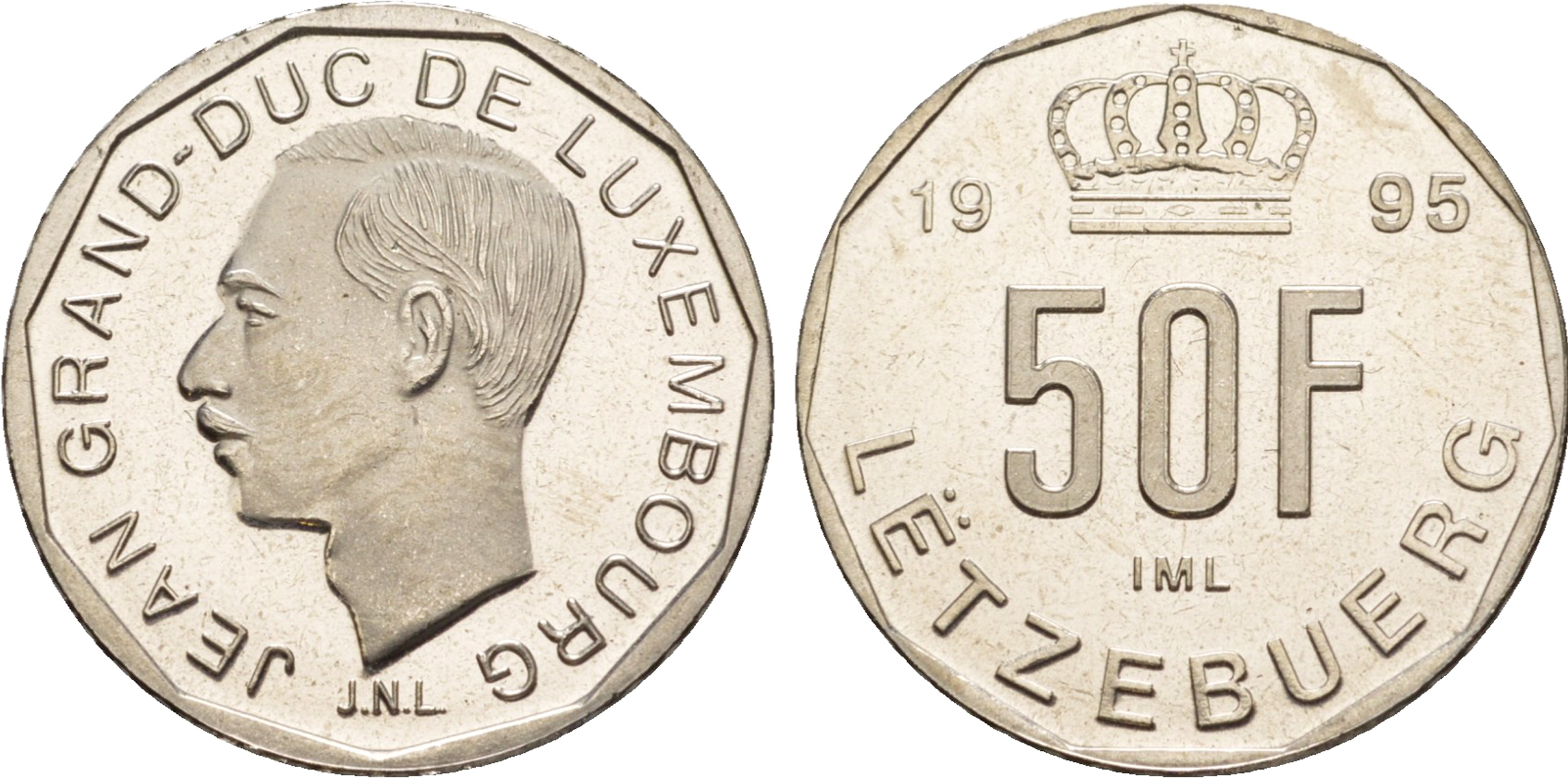 Люксембург 50 франков 1995 Великий герцог Жан (1964-2000), тираж 10.000 экземпляров KM 66 никель  BU  4635-1214