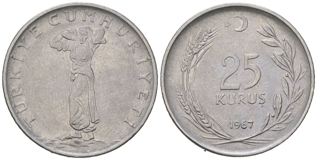 Турция 25 курушей 1967 KM 892.3 нержавеющая сталь 4584-432
