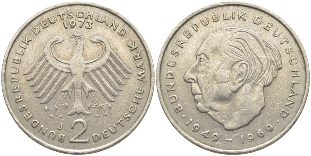 ФРГ 2 МАРКИ 1973 J, ТЕОДОР ХОЙС KM 127, J. 407 медно-никель плакированный никелем 3856-332