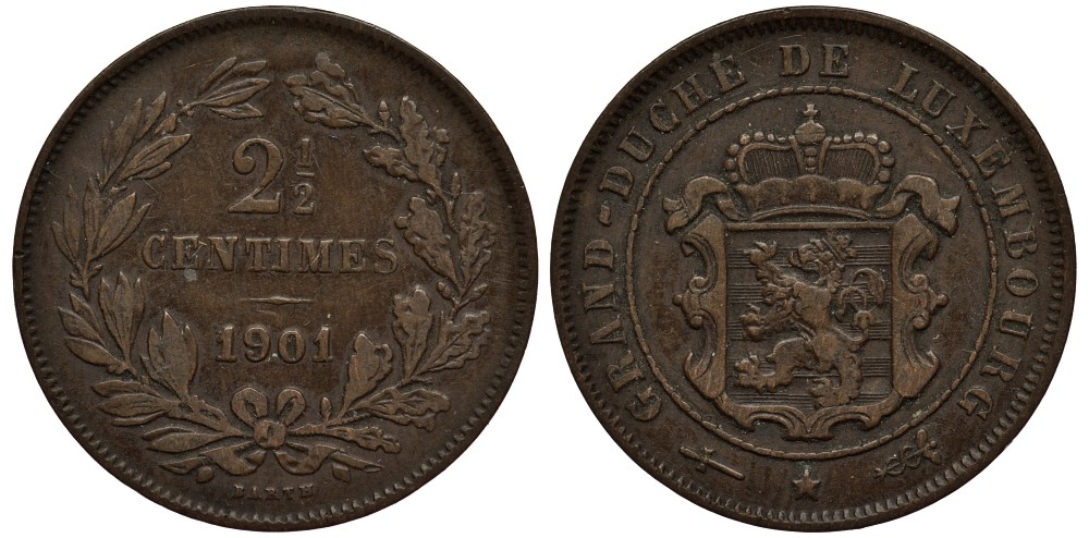 Люксембург 2 1/2 сантима 1901 великий герцог Адольф (1890-1905), BARTH КМ 21 бронза 4538-811