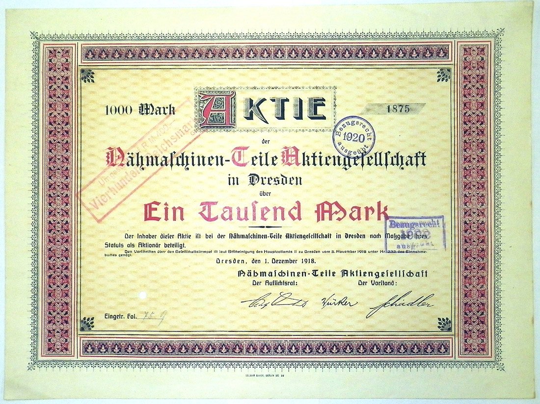 Германия акция в 1000 марок 1918 АО по производству деталей для швейных машин в Дрездене, Nahmaschinen-Teile Aktiengesellschaft in Drezden бумага 5553-23