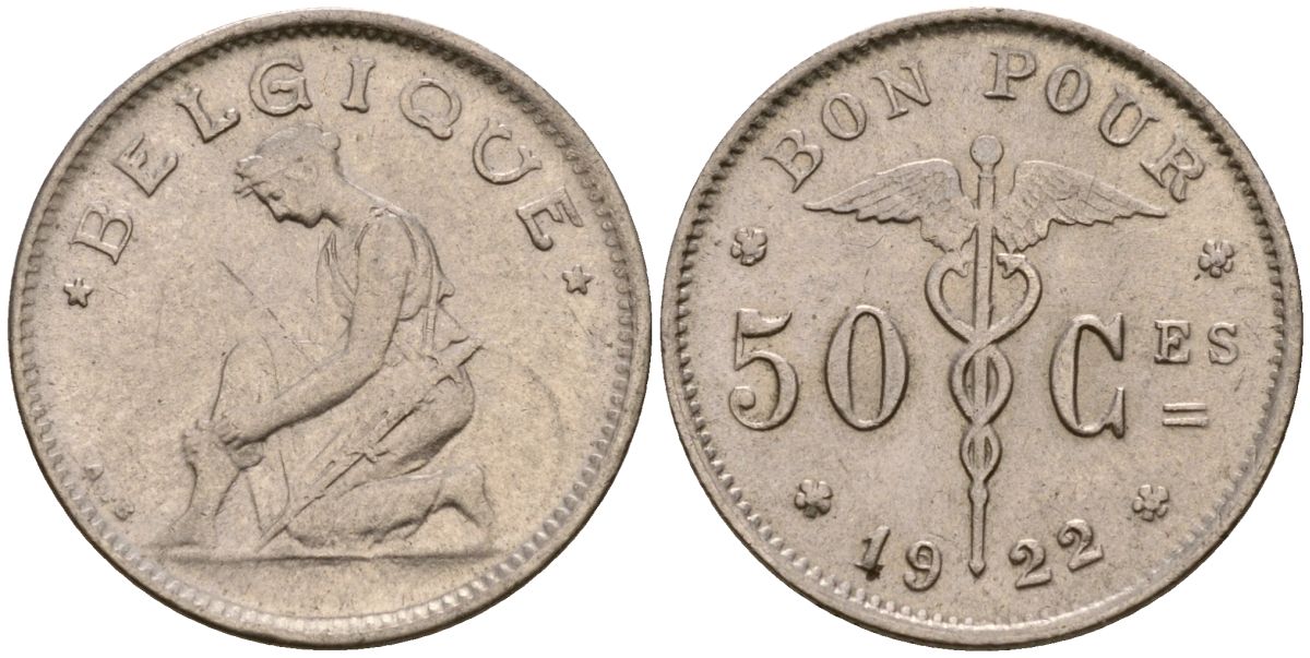 Бельгия 50 сантимов 1922 Король Альберт I (1910 - 1934) KM 87 никель 39-1061