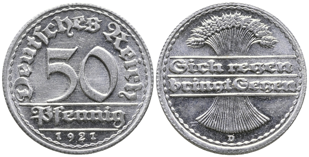 ГЕРМАНИЯ 50 ПФЕННИГОВ 1921 D KM 27, J. 301 алюминий 24-1017
