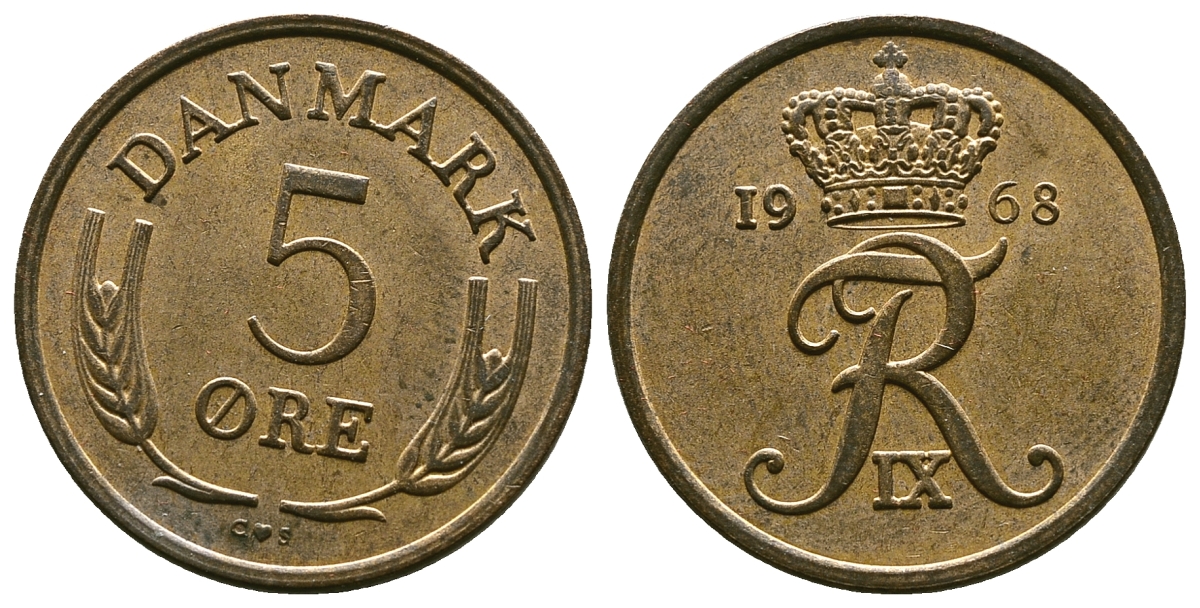 ДАНИЯ 5 ЭРЕ 1968 C; S, ФРЕДЕРИК IX (1947-1972) KM 848.1 бронза 4383-1052