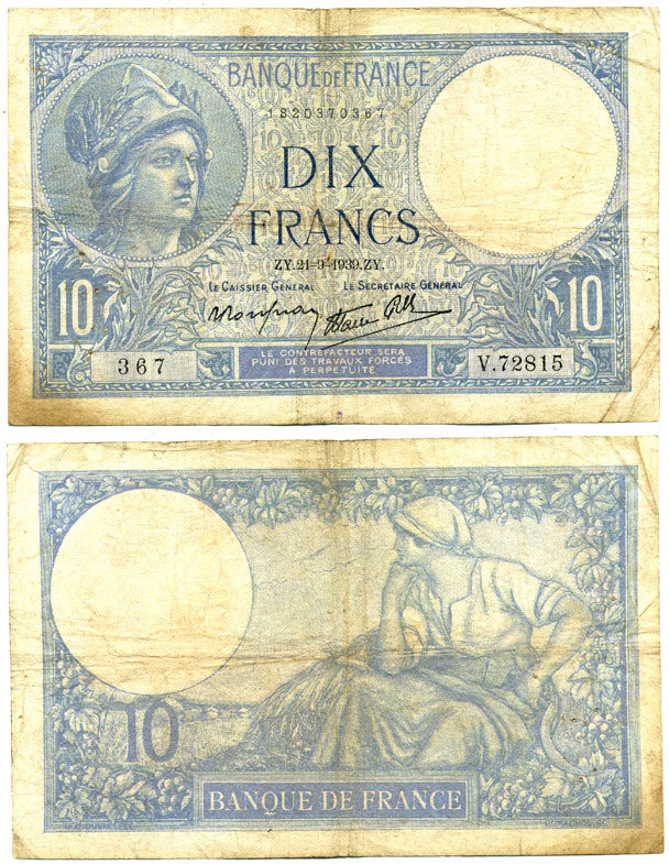 ФРАНЦИЯ 10 ФРАНКОВ 1939 21 СЕНТЯБРЯ 1939 Pick 84 бумага 7217-72-1