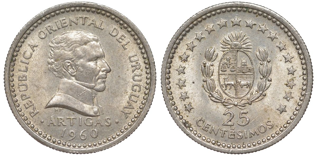 Уругвай 25 сентесимо 1960 KM 40 медно-никель 4580-137