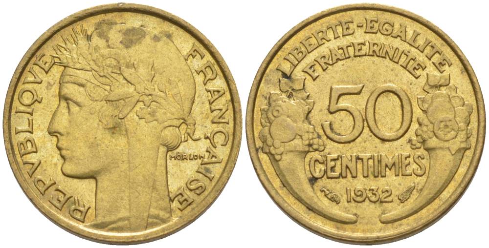 ФРАНЦИЯ 50 САНТИМОВ 1932 ТИП MORLON, OPEN 9, С ЯГОДОЙ KM 894.1, LE FRANC 192.7 алюминиевая бронза 44-719
