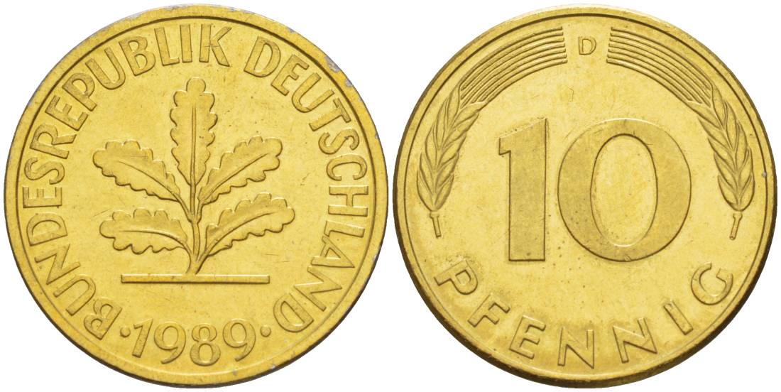 ФРГ 10 ПФЕННИГОВ 1989 D KM 108, J. 383 сталь плакированная латунью 219-545