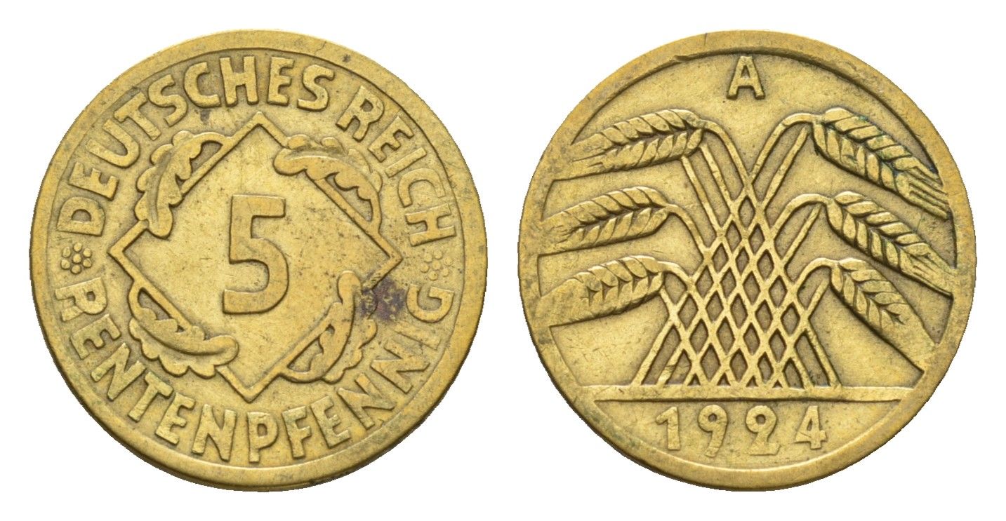 Германия 5 рентенпфеннигов 1924 A KM 32, J. 308 алюминиевая бронза 4632-548