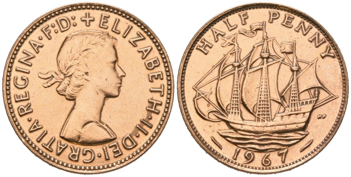 Великобритания 1/2 пенни 1967 Елизавета II (1952-2022) KM 896, Spink 4158 бронза 4579-726